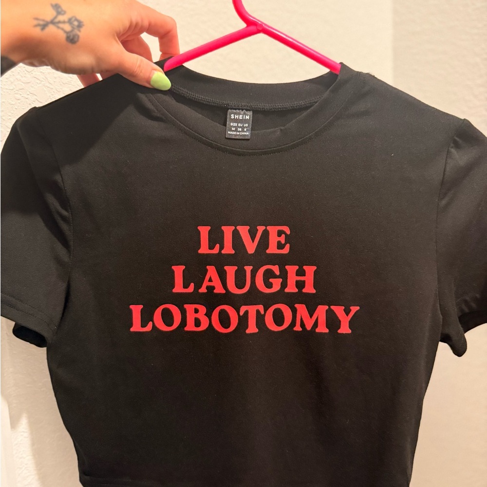 SHEIN Black Tee with Red Text